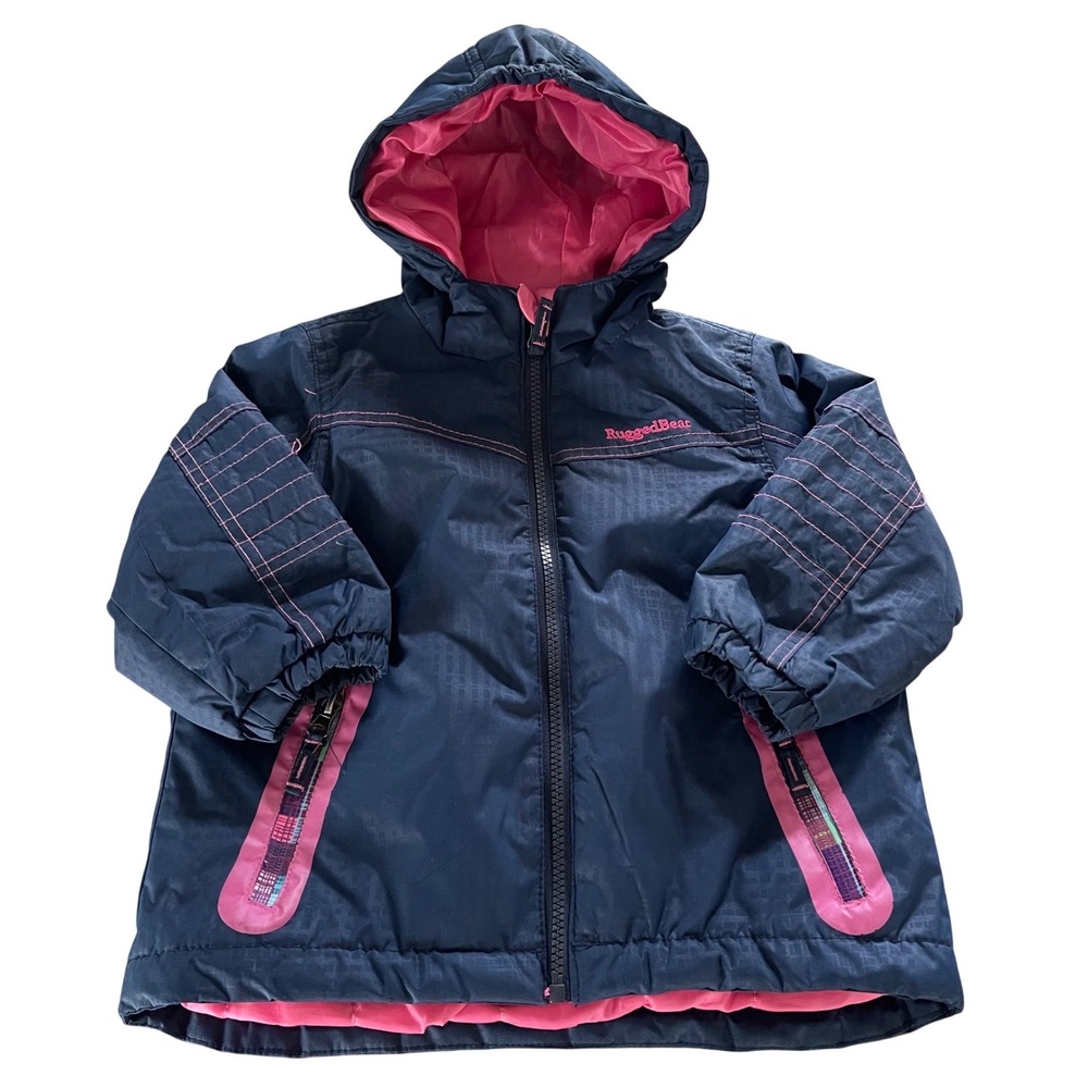 Rugged Bear Jacket Girls Size 2 Navy Blue Pink Hooded Winter Coat Medium Weight